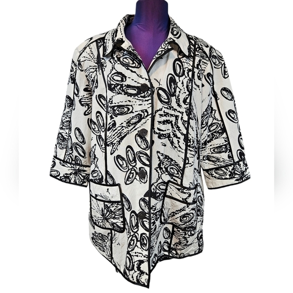 Chico's Black & White Butterfly Floral Linen Button Up Jacket Size 16 Women B11 - Picture 10 of 10